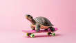 © Malik - Turtle riding skateboard isolated on pastel pink background. Accelerated development, giving incentives to slow business, speed up of sports success. Creative concept of transport.