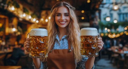 Smiling bartender serving two large mugs of beer in a rustic bar setting