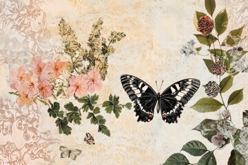 Wall Mural - Elegant floral and butterfly collage with sophisticated vintage theme for art and design.