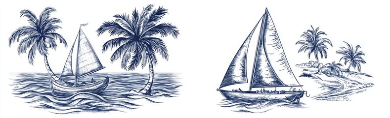 This nautical seascape with palm trees features yachts on the water.