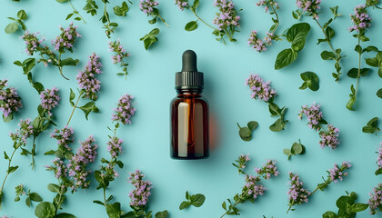 Wall Mural - Wild oregano essential oil in a glass bottle surrounded by fresh Origanum vulgare flowering twigs. Pastel blue background. Aromatherapy concept. Top view, flat lay. Medical herb.   