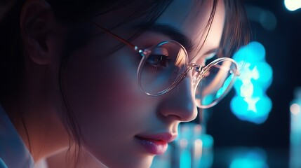 Poster - Closeup portrait of young woman wearing glasses, looking at something with curiosity in neon light