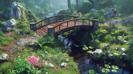 Wall Mural - Wooden Bridge over a Stream in a Lush Forest.