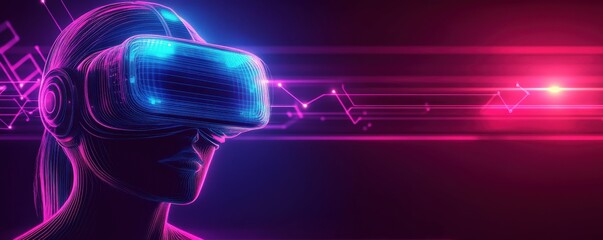 Poster - Abstract of neon lines forming the shape of a person wearing virtual reality headset in futuristic digital space