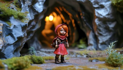 Wall Mural - Whimsical scene of a red-haired girl discovering a treasure cave in a fantasy storybook setting