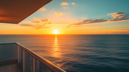 Wall Mural - A stunning ocean view from a high balcony with the sun rising over the horizon and casting a golden glow on the water.