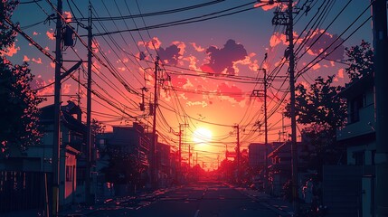 Poster - Sunset over an urban city street with power lines, buildings, and trees in silhouette