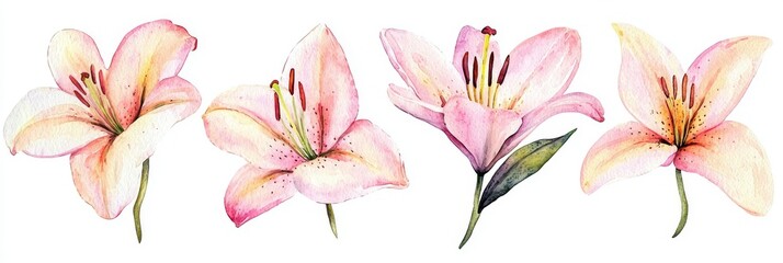 Wall Mural - Red yellow orange pink lily flowers are isolated on a white background. This is a watercolor illustration.