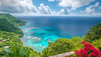 Wall Mural - A stunning ocean view from a hilltop terrace with lush greenery cascading down to the turquoise water below.