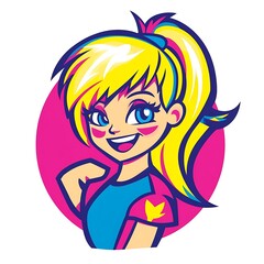 Wall Mural - Cute cartoon girl with blonde hair in a ponytail smiling