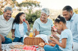 © KayExam/peopleimages.com - Nature, bonding and family generations on picnic for happiness, connection or love together in park. Smile, outdoor and children eating health snacks with grandparents and parents in field for fun.