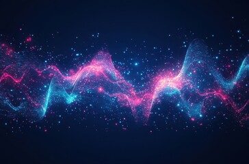 Poster - Abstract digital wave with glowing pink and blue lines on a dynamic dark background