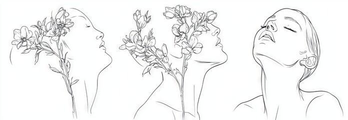 Wall Mural - Modern single line drawing of female face, ginkgo leaf, and flower. Ideal for posters, wall art, tote bags, t-shirt prints, stickers, and logos.