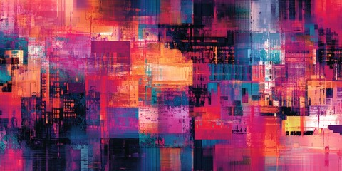 Canvas Print - Abstract glitch art pattern with distorted pixels in vibrant colors for digital design.