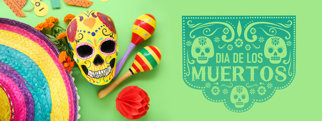 Wall Mural - Painted human skull for Mexico's Day of the Dead (El Dia de Muertos) with sombrero, flowers and maracas on green background