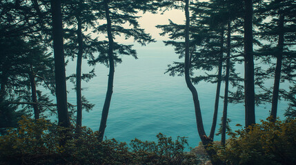 Wall Mural - A tranquil ocean view from a forested bluff with tall trees framing the distant horizon and the calm sea below.