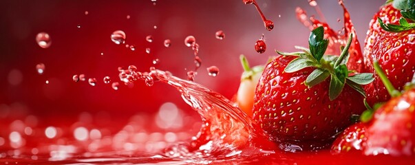 Wall Mural - Strawberries splashing into juice creating a refreshing splash