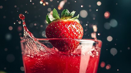 Wall Mural - Ripe strawberry splashing into glass of juice making refreshing drink