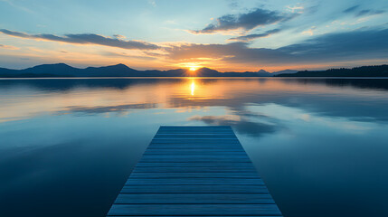 Wall Mural - A tranquil ocean view from a peaceful dock with the sun setting behind distant mountains and calm water reflecting the sky.