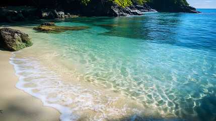 Wall Mural - A tranquil ocean view from a secluded cove with crystalclear water gently lapping against the sandy shore.