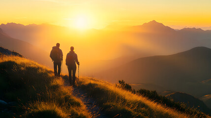 A couple enjoying a sunrise hike with the sun rising over distant mountains.