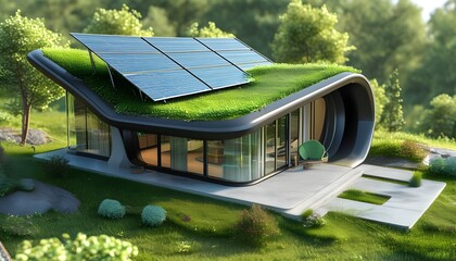 Wall Mural - Futuristic Eco-friendly Smart Home Model Showcasing Solar Panels and Sustainable Energy Solutions