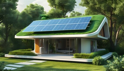 Wall Mural - Futuristic Eco-friendly Smart Home Model Showcasing Solar Panels and Sustainable Energy Solutions