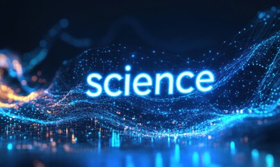 Poster - futuristic science logo with glowing network design and digital particles in a dynamic technology co