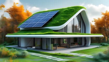 Wall Mural - Futuristic Eco-friendly Smart Home Model Showcasing Solar Panels and Sustainable Energy Solutions