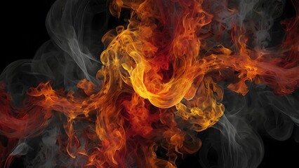 Digital abstract artwork with a dynamic and vibrant display of swirling flames and smoke side by side on an solid black background, fiery fire backdrop