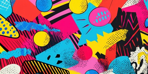 Sticker - Playful and energetic abstract collage with bold colors and geometric shapes.