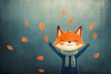 A happy fox standing with outstretched arms, enjoying the falling autumn leaves, ideal for autumn and festive themes.