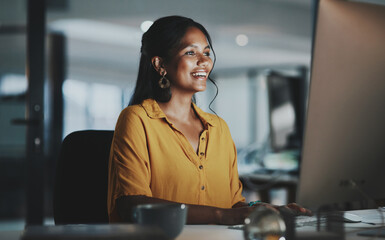 Poster - Night, computer and business woman in office for networking, communication or administration. Auditor, processing clerk and booking report with person in finance agency for system record and feedback