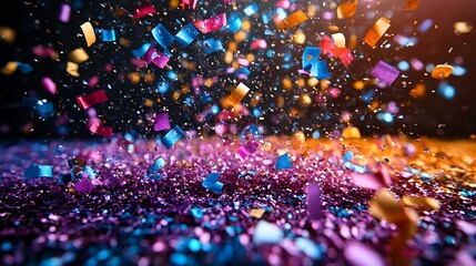 Canvas Print - Colorful Confetti Falling on Shiny Surface, Celebration and Party Concept