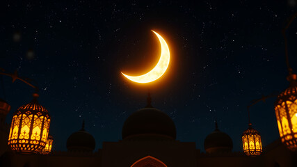 A beautiful crescent moon glowing cagainst a starry night sky, with elegant Islamic patterns and lanterns hanging, surrounded by soft golden lights, symbolizing the celebration of 12th Rabi' al-