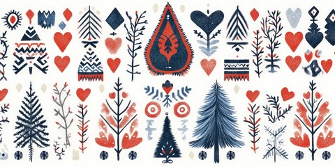 Scandinavian folk art pattern with hearts and trees for design and decoration.