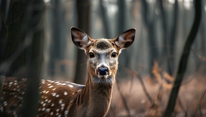 Serene forest setting featuring a young deer amid lush greenery and towering trees