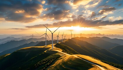 Golden light illuminating wind turbine farm atop a hill, showcasing the beauty of renewable energy in nature