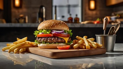 Abstract illustration image of a kitchen where cheeseburgers and fries are prepared on the table and are ready to be served with drinks and salads
