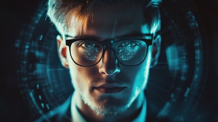 Poster - Close-up Portrait of a Man with Digital Elements in His Eyes