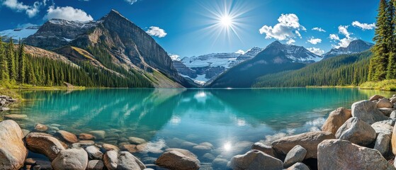 Wall Mural - Rocky Mountain Lake with Bright Sun and Clear Water