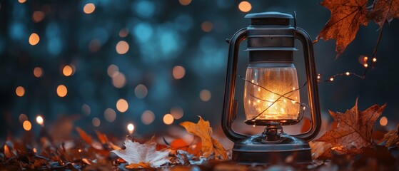 Sticker - Illuminated Lantern Among Autumn Leaves with Bokeh Lights