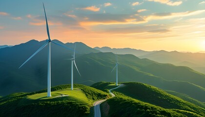 Wall Mural - Sunrise over mountains with windmills highlighting the essence of green energy in a serene natural landscape