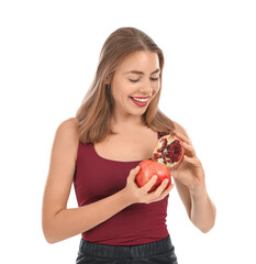 Poster - Young woman with pomegranate on white background