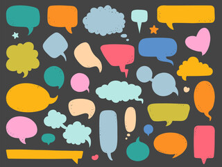 Fototapete - Color blank speech bubbles. Empty comics talk, dialogue clouds, doodle style, different shapes with scuffs texture, hand drawn isolated cartoon flat elements, comic banner, vector communication set