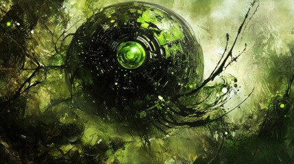 Sticker - Abstract Digital Art of a Green Sphere in a Forest