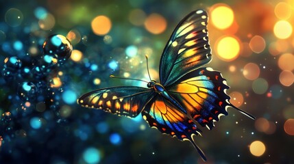 Poster - A Vibrant Butterfly with Iridescent Wings Against a Bokeh Background