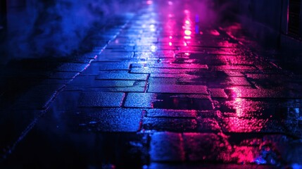 Wall Mural - Neon Lights Reflecting on Wet Pavement