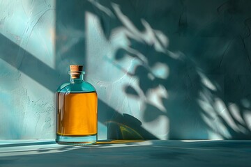 Canvas Print - Captivating Glass Bottle with Amber Liquid and Playful Shadows on a Textured Background