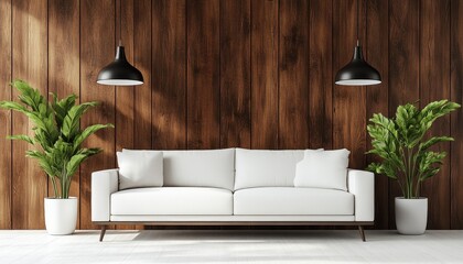 Minimalist living room with white sofa, two black lamps and wood panel wall., Loft Interior design.